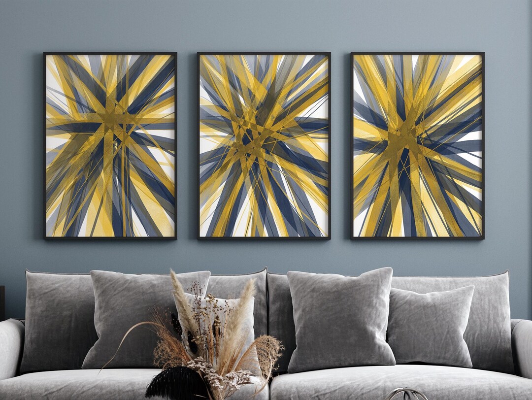 Navy Blue and Gold Wall Art Set 3 Piece Art Prints Blue Gold Etsy