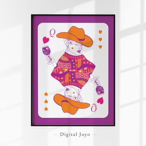 Herz Königin der Herzen Spielkarten Poster, Pink und orange Wandkunst, Funky Wohnheim Dekor, Preppy y2k Raumdekor, Maximalist Wandkunst