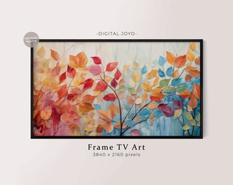 May include: A digital painting of a tree with colorful leaves in shades of red, orange, yellow, green, blue, and purple. The leaves are arranged in a layered pattern, creating a sense of depth and movement. The background is a soft blue and white, with hints of pink and yellow. The painting is framed in a black frame. The text "Frame TV Art 3840 x 2160 pixels" is displayed below the image.