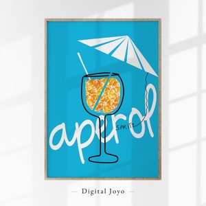 Wydrukowana grafika z wózkiem barowym Aperol Spritz, Jasnoniebieski wystrój kuchni, Letni wystrój pokoju koktajlowego, Wystrój apartamentu z nadrukiem koktajlowym