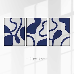 Marineblaues Wandkunst-Set, 3 Stück Wandkunst-Drucke, Blaue abstrakte Wandkunst, Schlafzimmer-Druck-Set von 3, Esszimmer-Drucke, moderne abstrakte Drucke