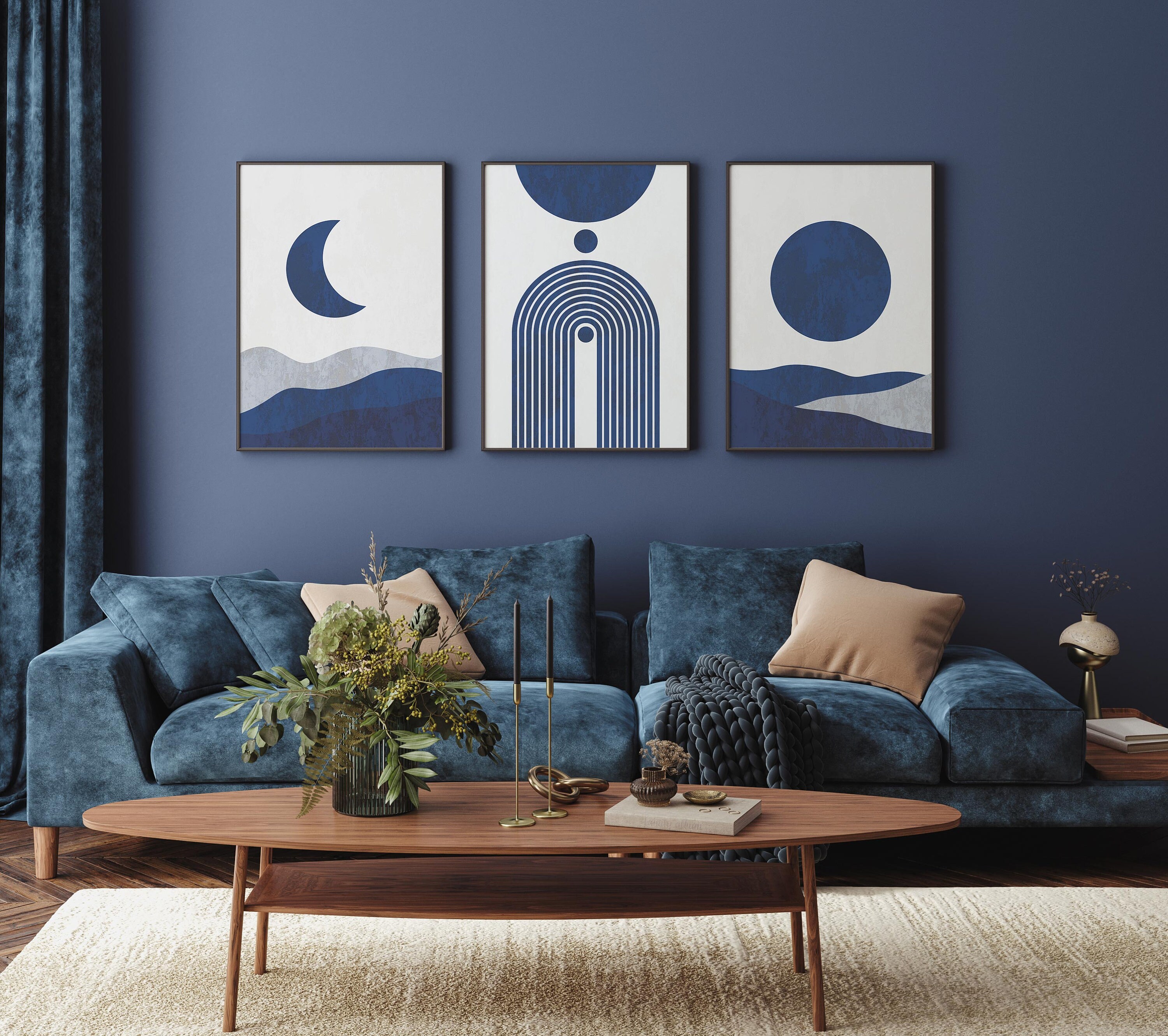 Navy Blue Mid-century Modern Print Set: Sun, Moon (digital