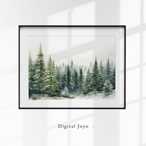 Decoración del bosque de invierno, impresión del paisaje de invierno, acuarela de árboles nevados, decoración de la granja, pintura del bosque, regalo de pino, arte de los árboles de hoja perenne