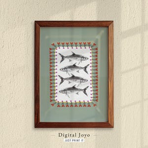 Mint Folk-Rahmen Sardinen Druck, Küsten Cottagecore & Angeln Cabin Decor, Digital Download