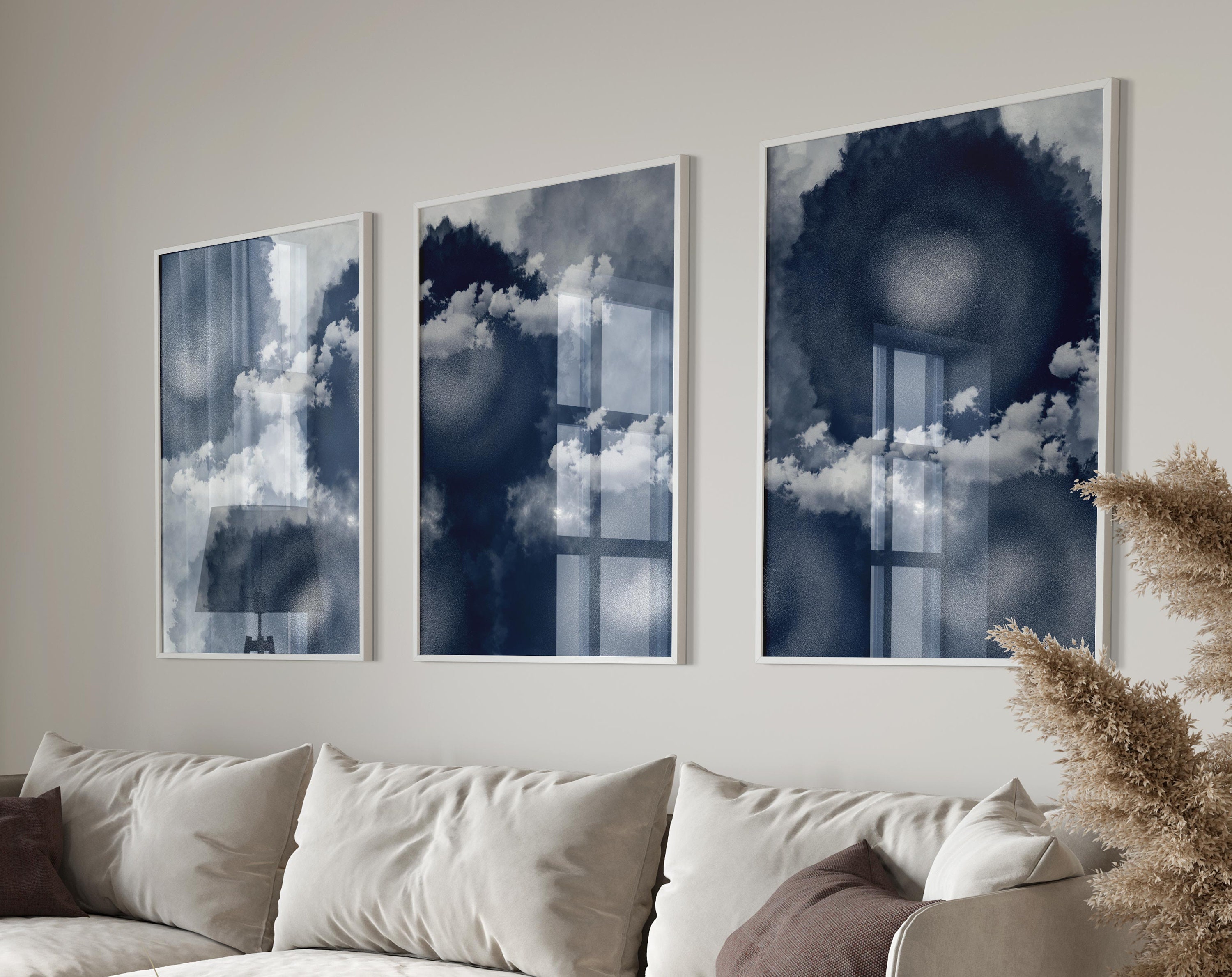 Navy Blue Wall Art Set of 3, Blue Grey White Wall Art, Blue Abstract