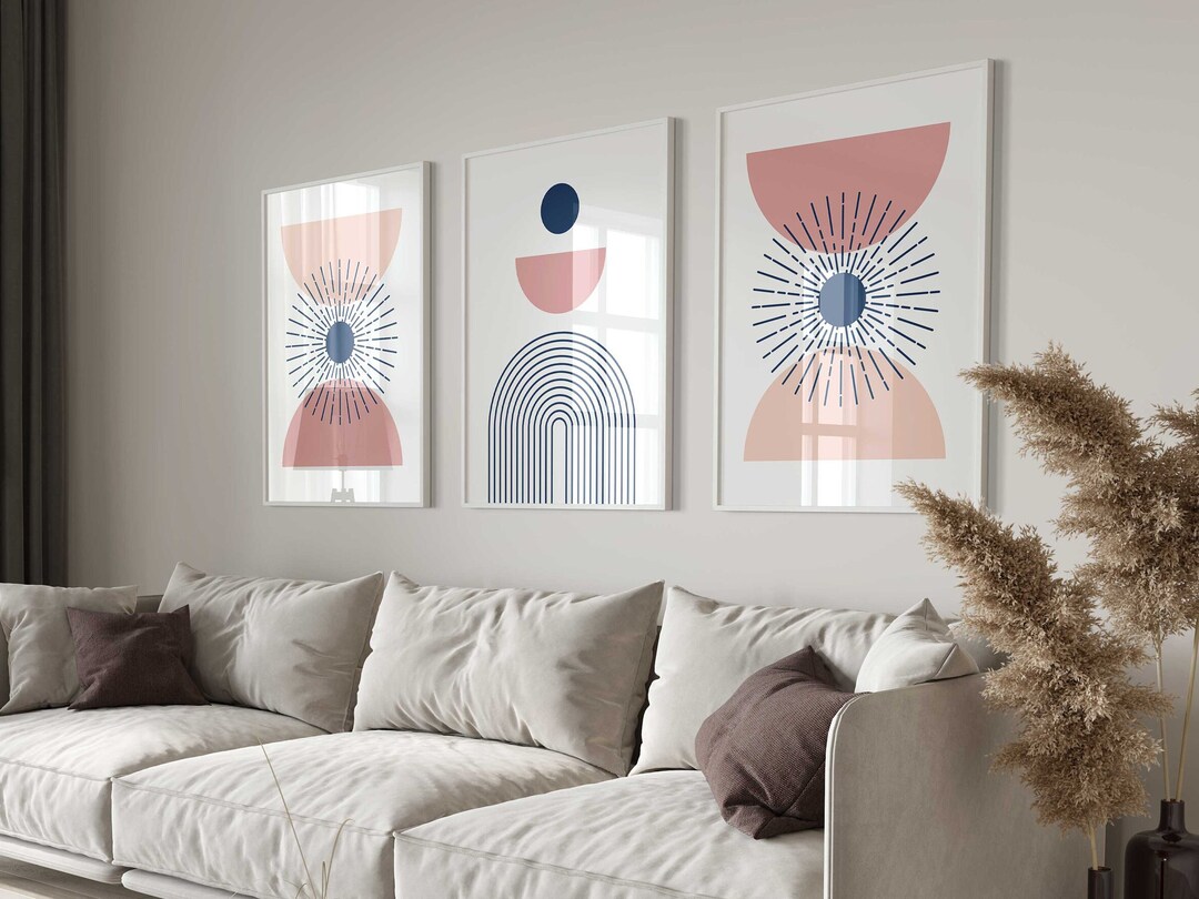 Pink Blue Wall Art Set Modern Abstract Pink Print Boho Blue Etsy