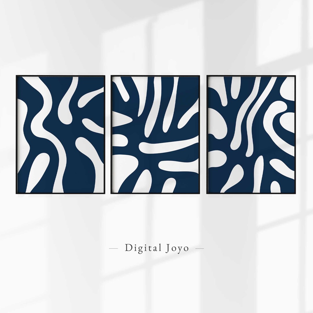 Navy Blue Wall Art Prints, 3 Piece Art Set, Blue Abstract Wall Art, Living Room Print Set of