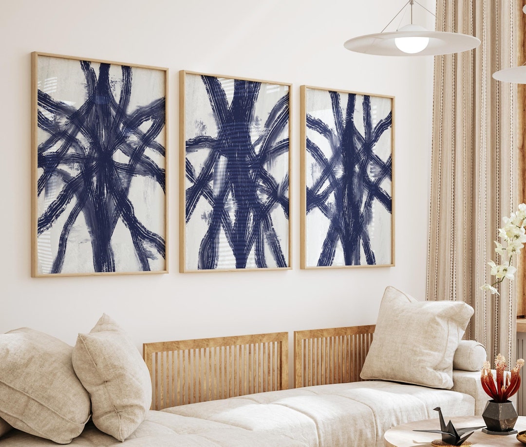 Navy Blue Abstract Wall Art Set 3 Piece Art Prints Blue - Etsy
