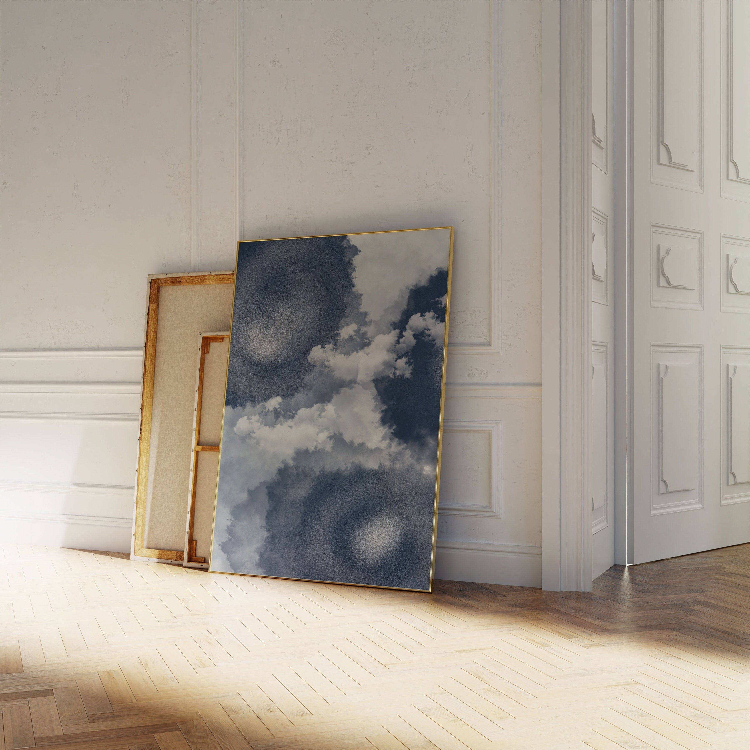 Navy Blue Wall Art Set of 3, Blue Grey White Wall Art, Blue Abstract