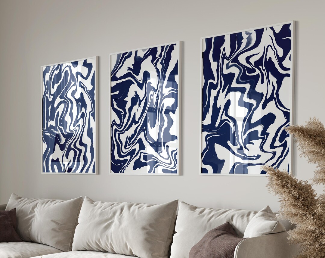 3 Piece Art Prints Navy Blue Wall Art Set Blue White Wall - Etsy