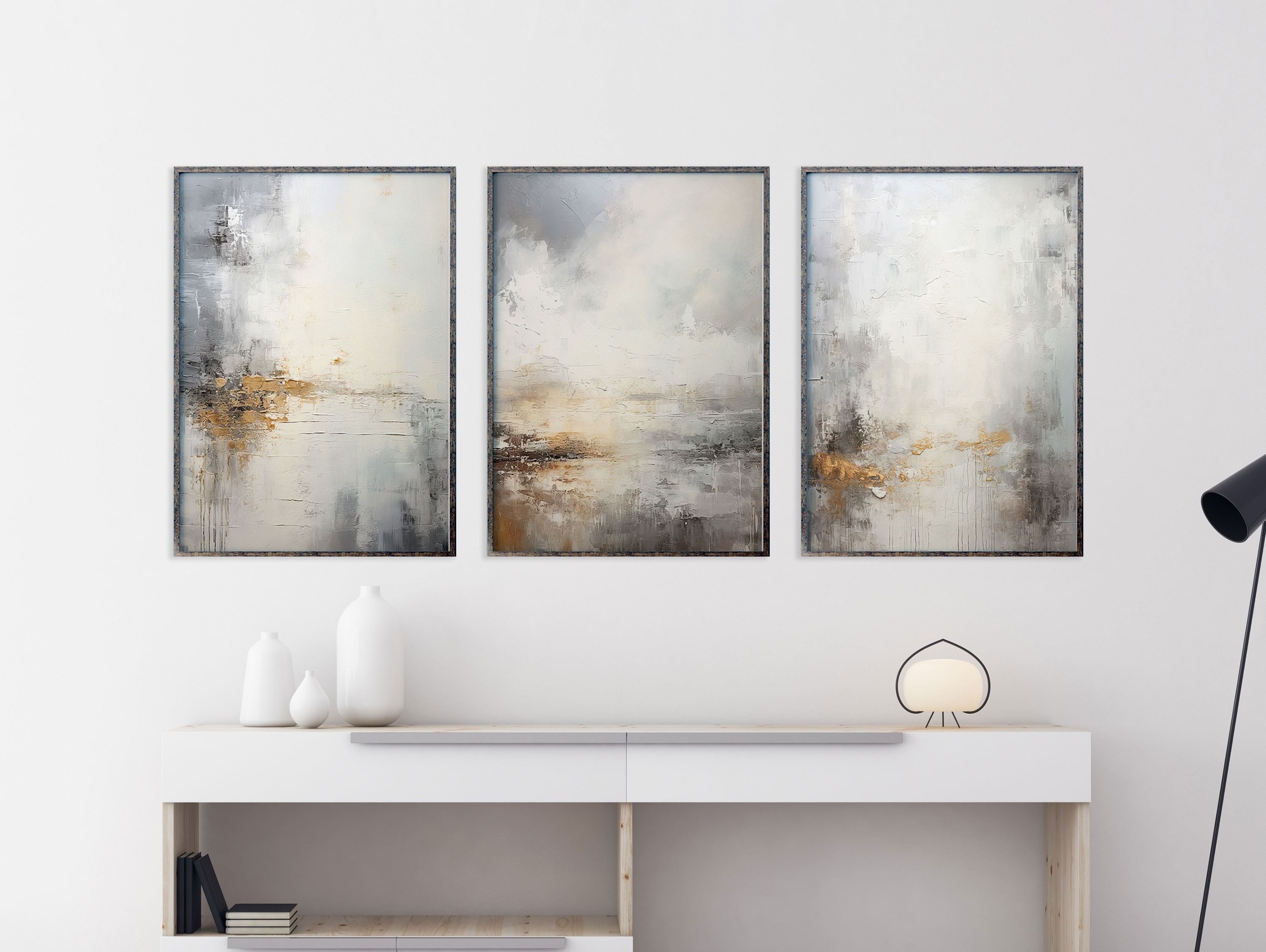 Silver Grey Gold Wall Art, Modern Neutral Wall Art Set of 3, Grey Abstract Prints, Abstract Grey