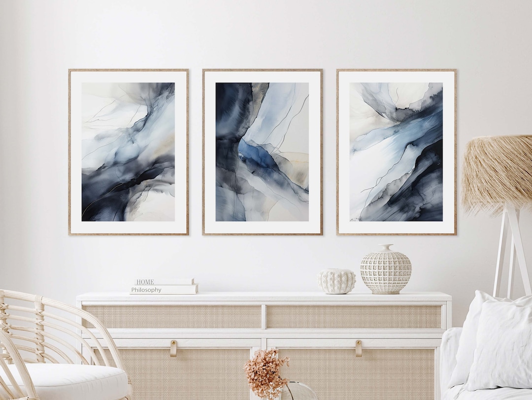 Navy Grey Beige Wall Art Set of 3, Blue Abstract Decor, Navy Blue Wall