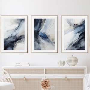Navy grau beige Wand Kunst 3er Set, Blaues abstraktes Dekor, Navy blau Kunst, moderne abstrakte Kunst, Wohnzimmer Galerie-Set, Aquarell Drucke