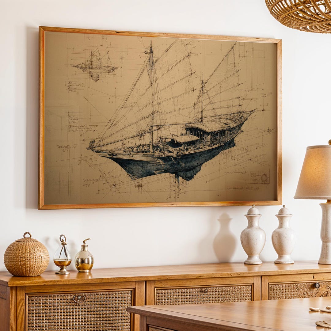 Vintage Boat Blueprint Wall Art, Nautical Print, Sailboat Decor ...