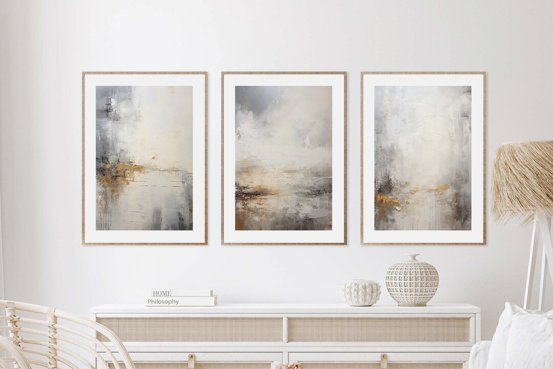 Silver Grey Gold Wall Art, Modern Neutral Wall Art Set of 3, Grey