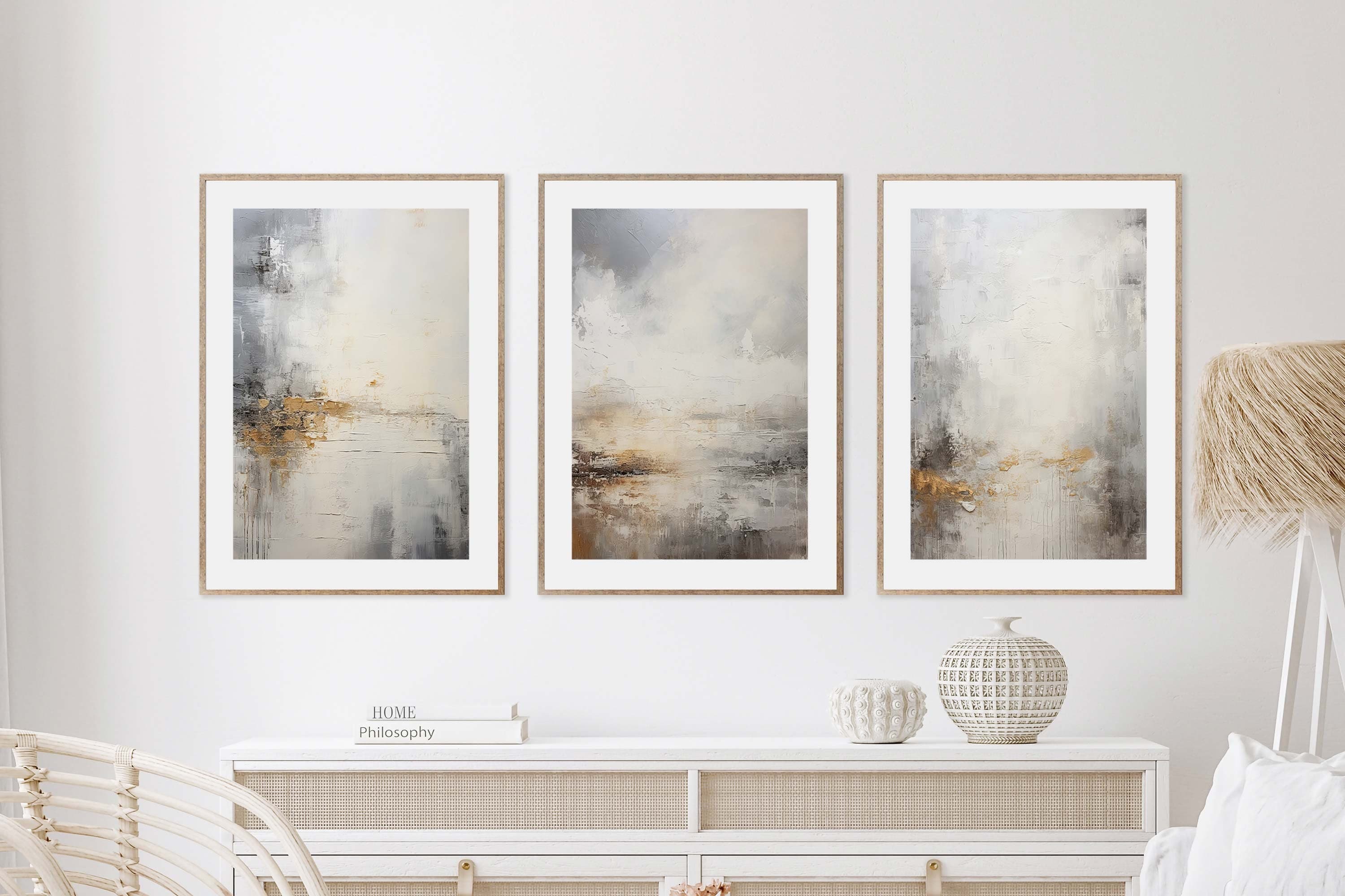 Silver Grey Gold Wall Art, Modern Neutral Wall Art Set of 3, Grey Abstract Prints, Abstract Grey