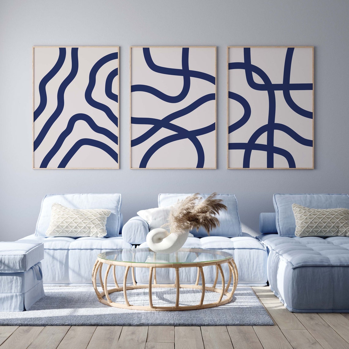 Navy Blue Wall Art Set 3 Piece Art Prints Blue Abstract Wall Etsy