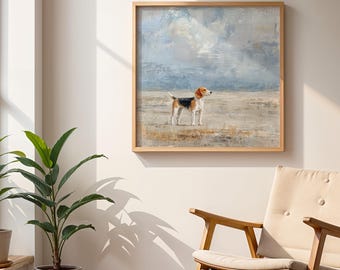 Arte mural de perro beagle, pintura de paisaje de cielo suave, decoración imprimible para amantes de las mascotas