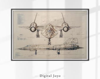 Könnte beinhalten: Gerahmter Kunstdruck mit technischen Blaupausen eines SR-71 Blackbird-Flugzeugs. Der Druck zeigt detaillierte Zeichnungen des Jets in zwei Ansichten, vor einem beigefarbenen Hintergrund mit schwarzem Rahmen. Der Text "Digital Joyo" steht unten.
