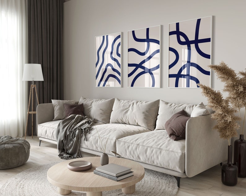 Navy Blue Wall Art Set 3 Piece Art Prints Blue Abstract Wall Etsy