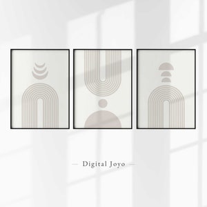 Mid century modern neutral wall art set of 3, Geometric beige wall art, Printable neutral wall decor, Abstract minimalist beige white prints