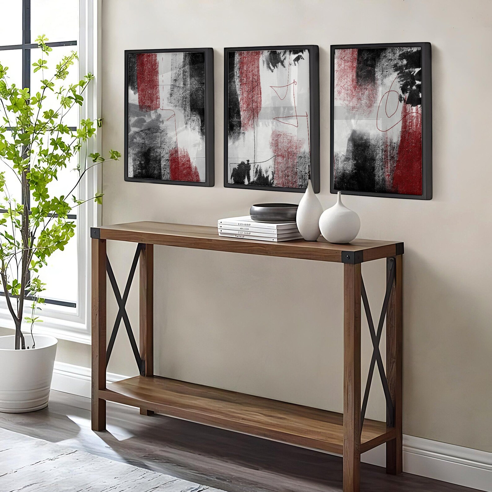 Abstract Red and Black 3 Piece Wall Decor, Minimalist Black Printable