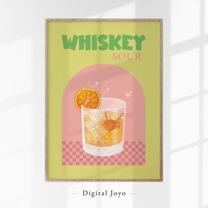 Dekoracja wózka barowego, Happy Hour Wall Art, plakat Whiskey Sour Cocktail, modna sztuka ścienna Cocktail, plakat Preppy, kolorowy nadruk, wystrój maksymalistyczny