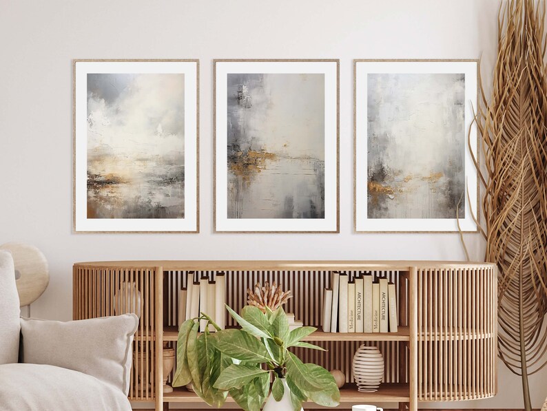 Silver Grey Gold Wall Art, Modern Neutral Wall Art Set of 3, Grey Abstract Prints, Abstract Grey