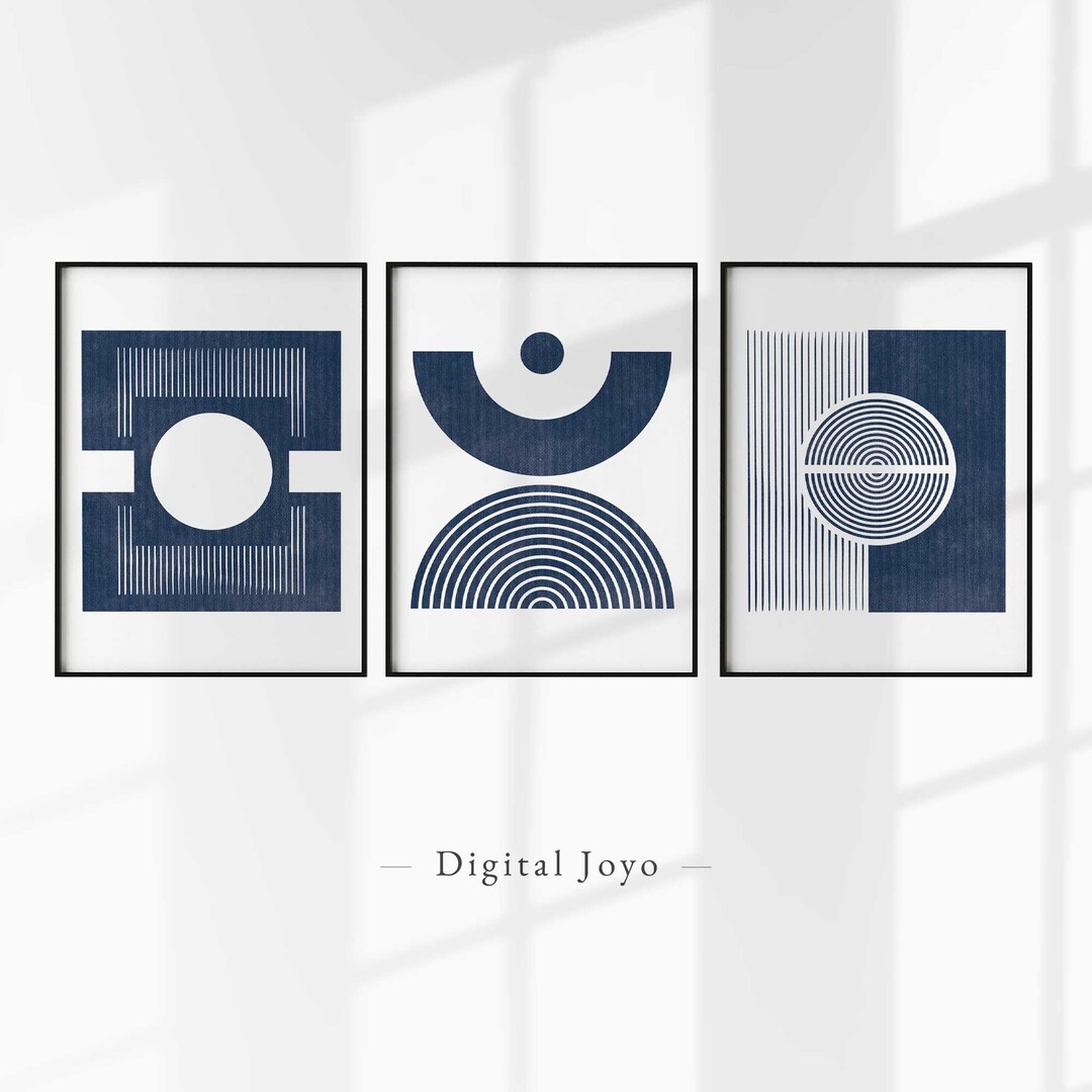 Navy Blue Wall Art Set, Mid Century Modern Blue, 3 Piece Art Prints ...