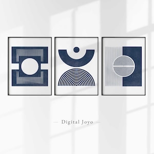 Marineblaue Wandkunst Set, Mid Century Modern Blue, 3-teilige Kunstdrucke, Schlafzimmer Geometrisches Set von 3 Drucken, Esszimmer, moderne minimalistische Kunst