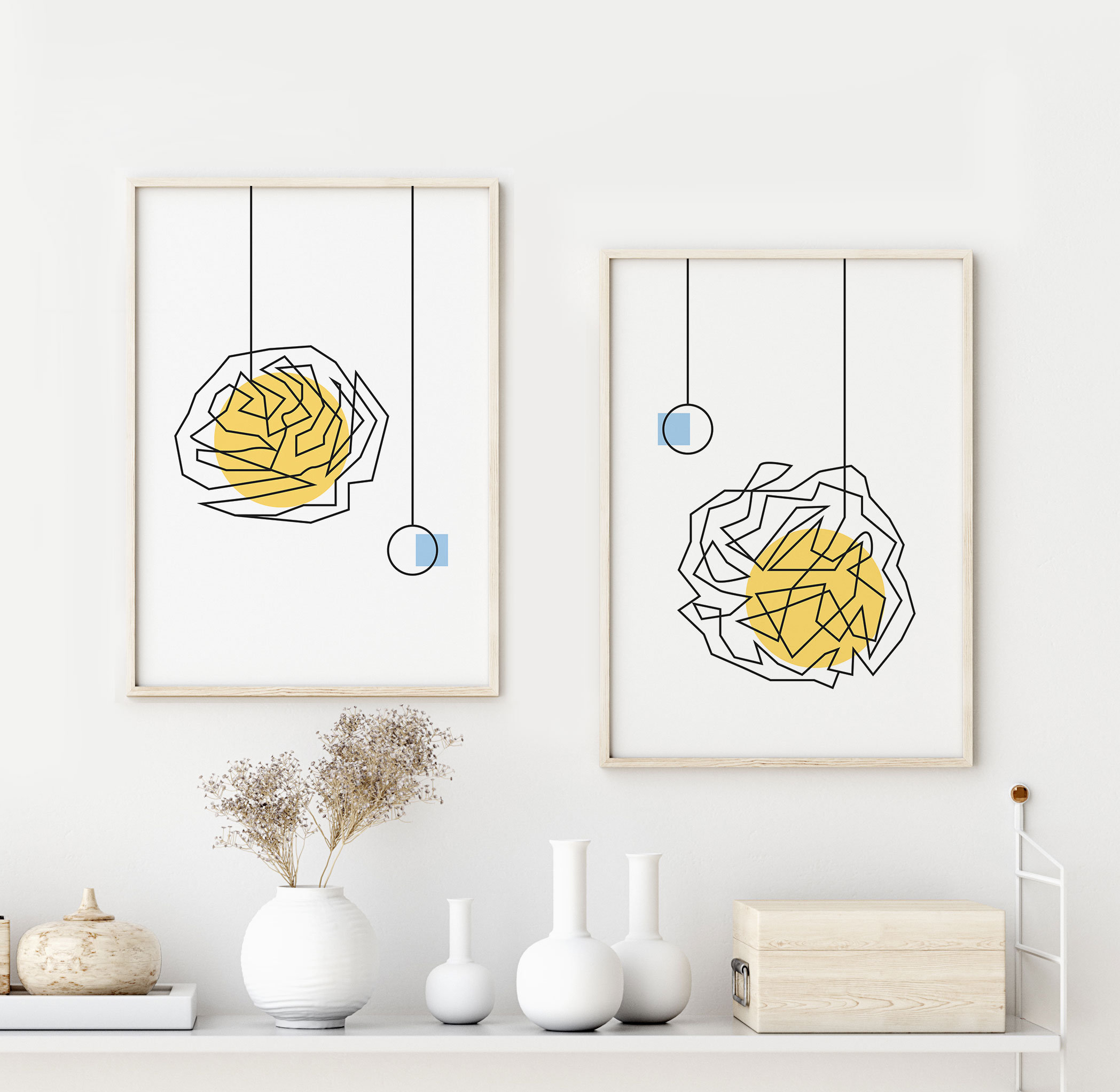 Black Yellow Prints Set of 2 Modern Geometric Wall Art Black Etsy