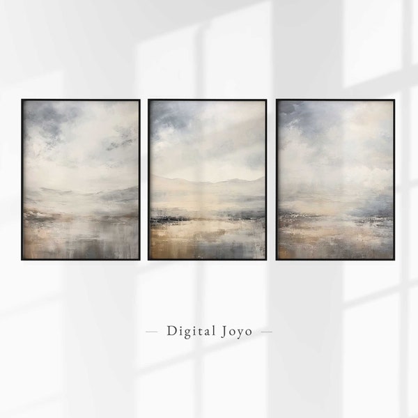 Silver tan grey abstract prints, Neutral wall art set of 3, Grey beige prints, Abstract silver tan art, Modern landscape set of 3 prints