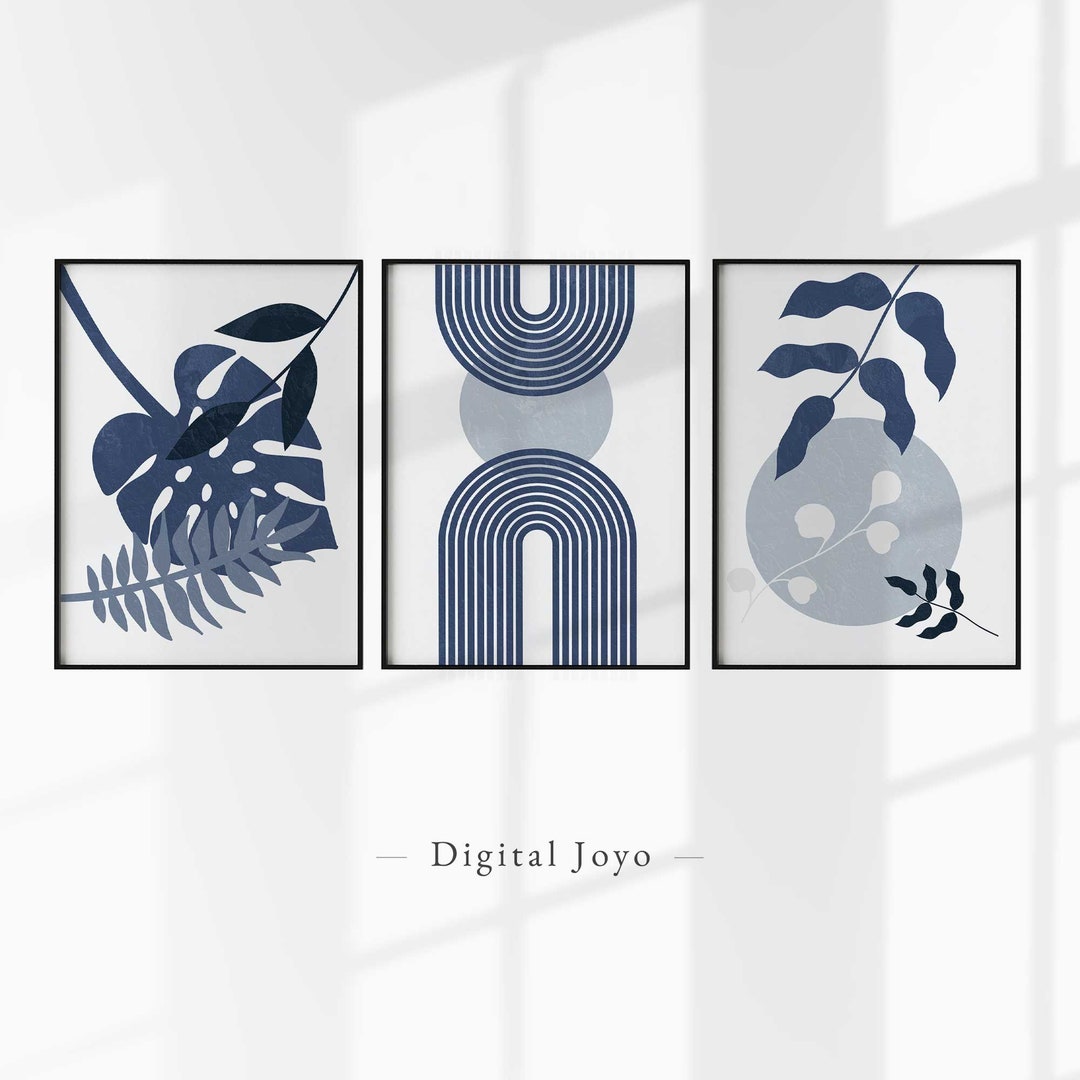 3 Piece Navy Blue Wall Art Set, Blue Printable Wall Art, Set of 3