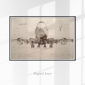 Può includere: Stampa incorniciata in stile blueprint di un grande aereo, visto frontalmente. Il disegno dettagliato mostra la struttura, i motori e il carrello di atterraggio dell'aereo. La stampa è in toni seppia, con il testo "Digital Joyo" in basso.