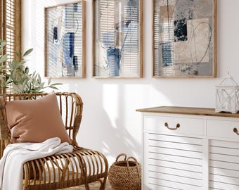 Abstract Blue Wall Art Set of 3, Minimal Texture Prints, Neutral Gallery Wall