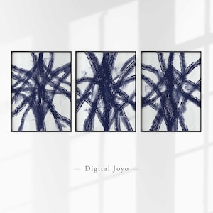 Marineblaue abstrakte Wand Kunst Set, 3-teilige Kunstdrucke, Blaue druckbare Wandkunst, Schlafzimmer Druck 3er Set, Esszimmer Kunst, moderne minimalistische Kunst