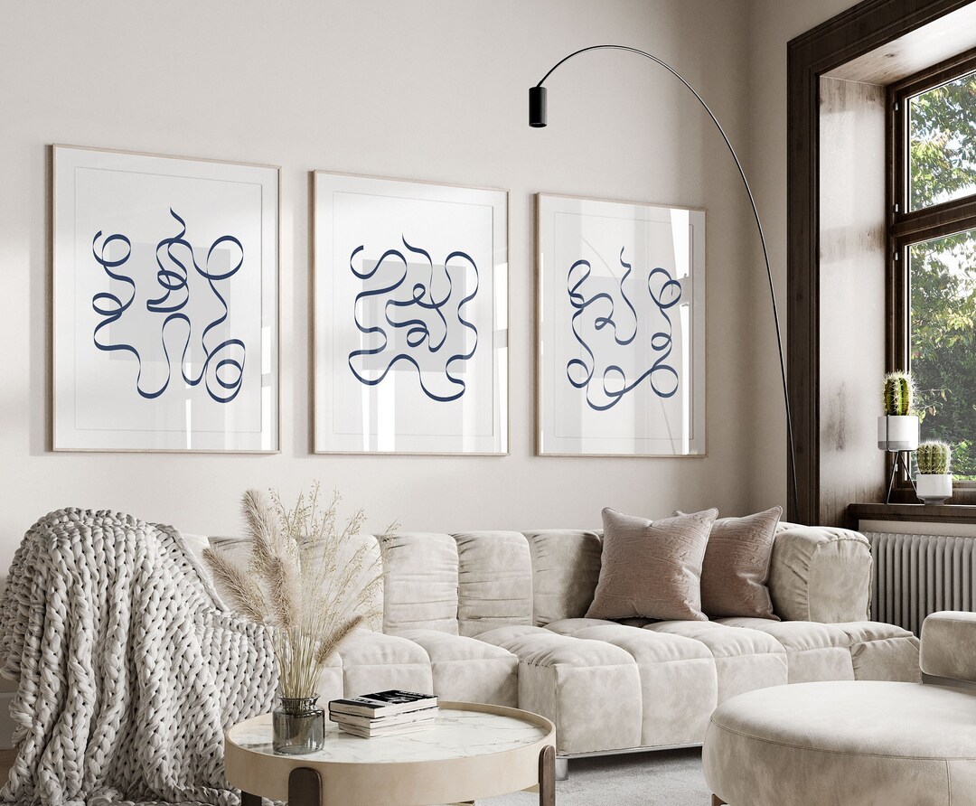 Navy Blue Gray Wall Art Blue Abstract Lines Wall Art Set Etsy