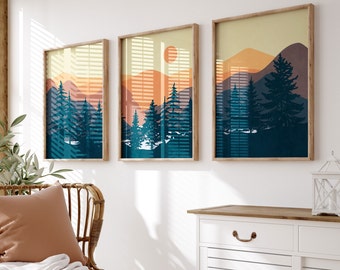 Abstract Mountain Print Set of 3, Minimal Art Mountain, Abstract Landscape, Mid Century Modern Living Room Wall Decor, Mountain wall Art