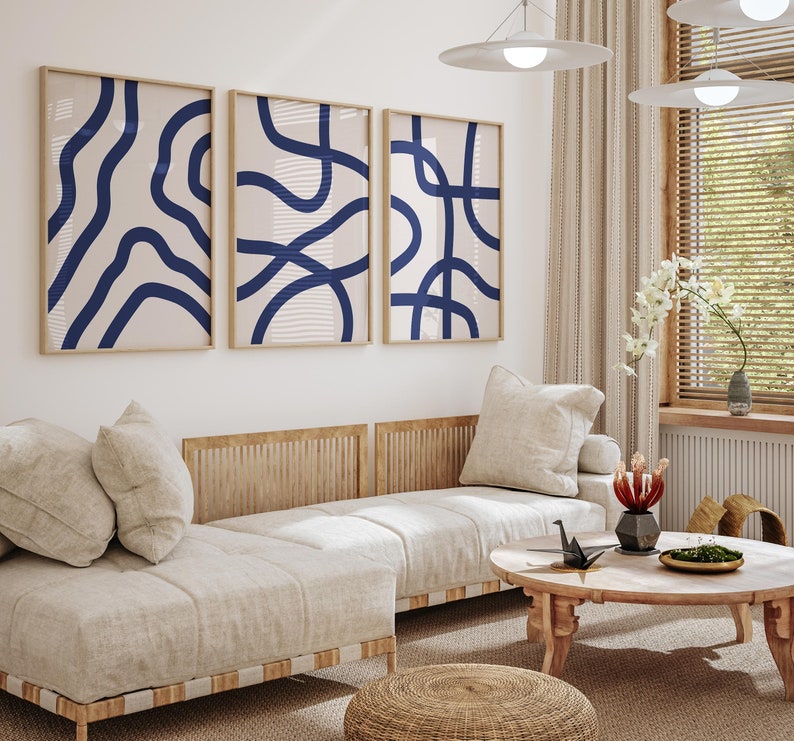 Navy Blue Wall Art Set 3 Piece Art Prints Blue Abstract Wall Etsy