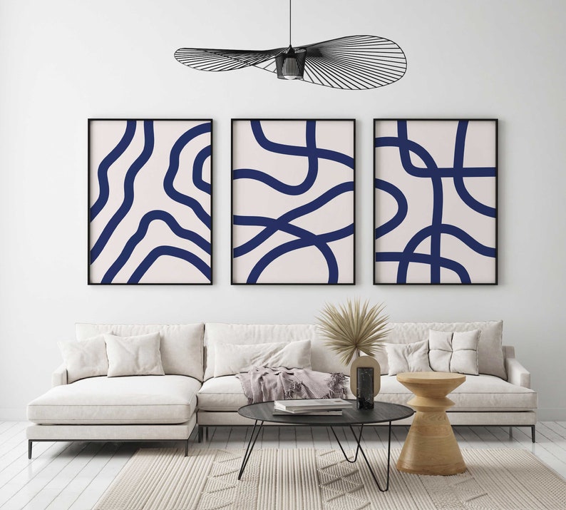 Navy Blue Wall Art Set 3 Piece Art Prints Blue Abstract Wall Etsy
