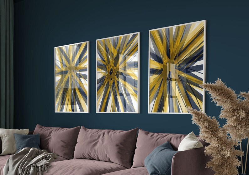 Navy Blue and Gold Wall Art Set 3 Piece Art Prints Blue Gold Etsy
