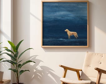 Golden Retriever Dog Print on Deep Blue, Minimalist Wall Art for Pet Lovers