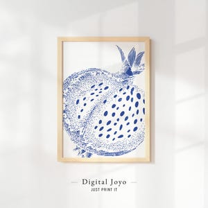Blue Pomegranate Illustration, Cottagecore Kitchen Decor & Farmhouse Print, Instant Download