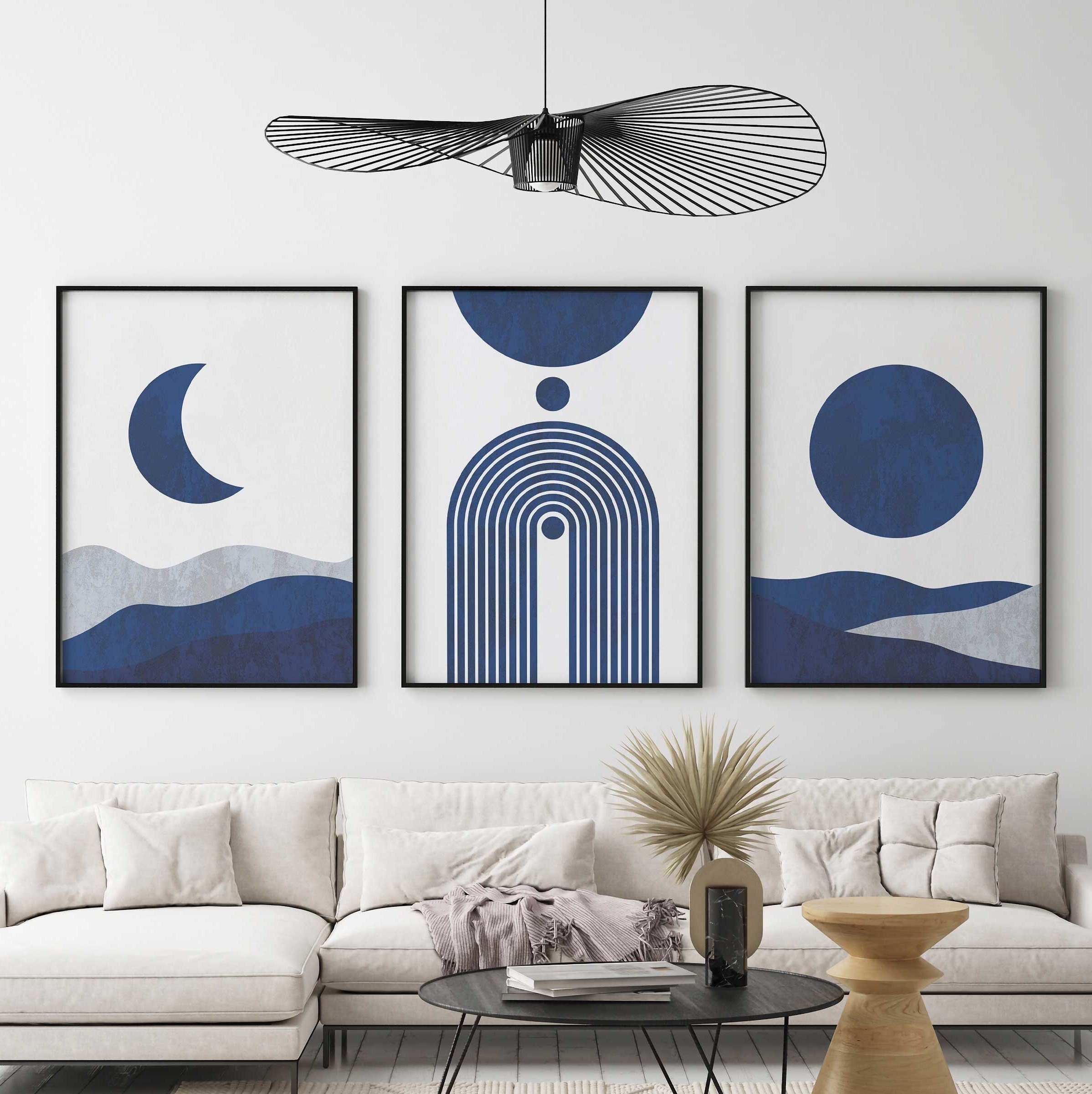 Navy Blue Mid-century Modern Print Set: Sun, Moon (digital