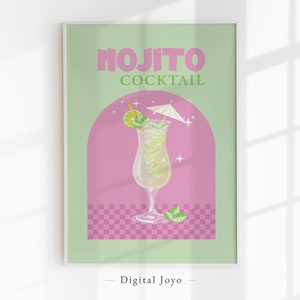Happy Hour Wandkunst, Retro Cocktail Poster, Mojito Trendy Cocktail Wandkunst, Preppy Poster, Bar Cart Dekor, Maximalist Decor