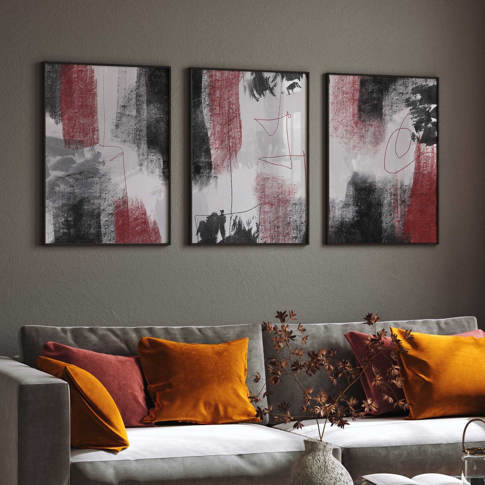 Abstract Red and Black 3 Piece Wall Decor, Minimalist Black Printable