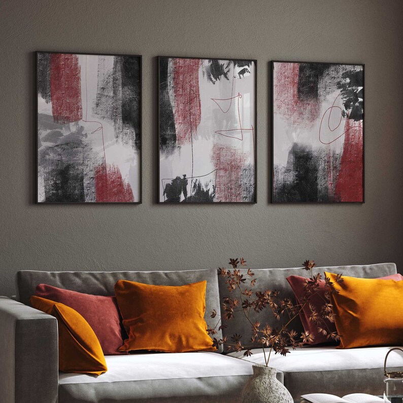 Abstract Red and Black 3 Piece Wall Decor, Minimalist Black Printable