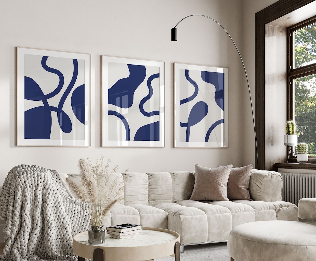 Navy Blue Abstract Art Prints: Modern Wall Decor Set of 3 (digital ...