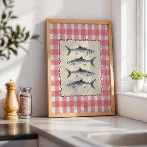 Red Gingham Fish Print: Cottagecore Kitchen Wall Art (Digital Download)