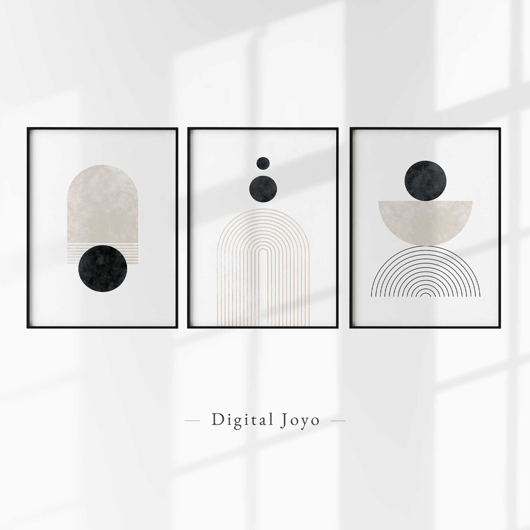 Black Beige Mid Century Modern Wall Prints Abstract Art Set of 3 ...